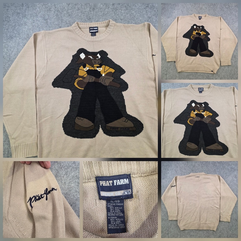 VTG Y2K Phat Farm Sweater Mens XL Beige Knit Cartoon Bull Crewneck Pullover